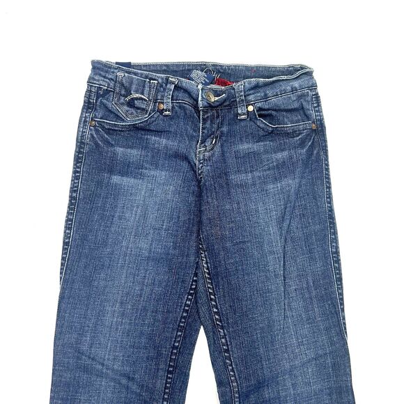 Vanity Pants Women 27/31 Blue Denim Jean Flared Embroidered Med Wash Low Rise - Picture 2 of 16